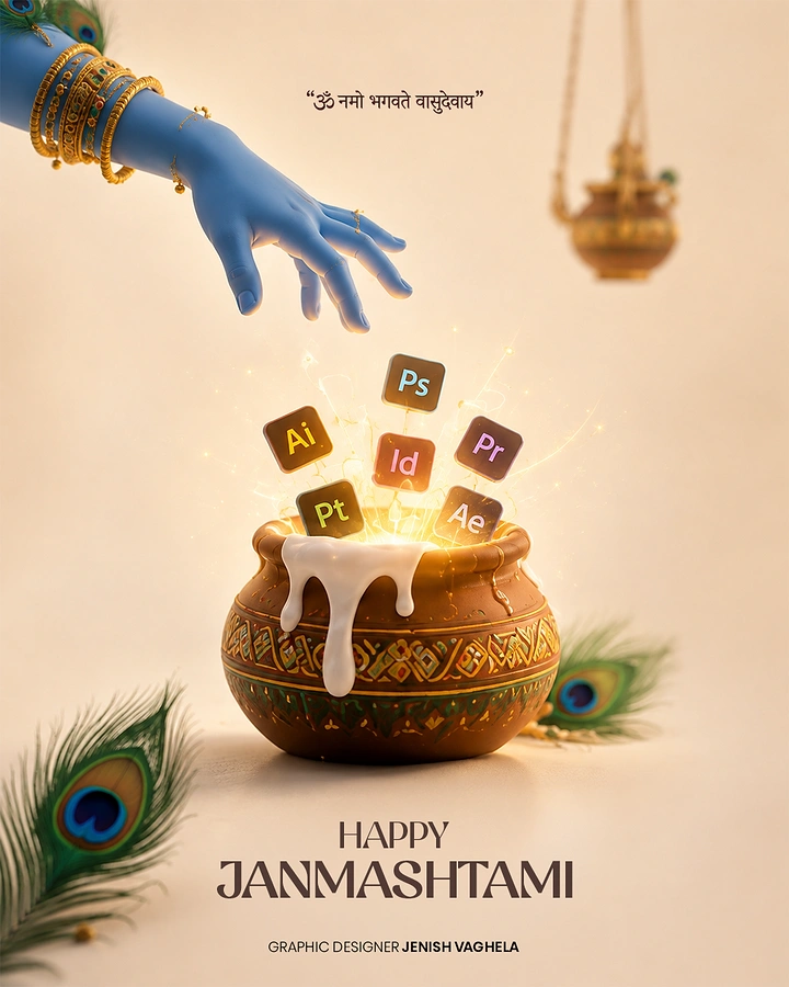 Janmashtami creative ad: Krishna's blue hand reaching into a butter pot bursting with design app icons