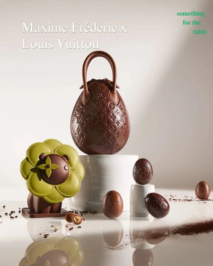 Easter creative ad: Chocolate egg shaped like a monogrammed handbag on a white plinth