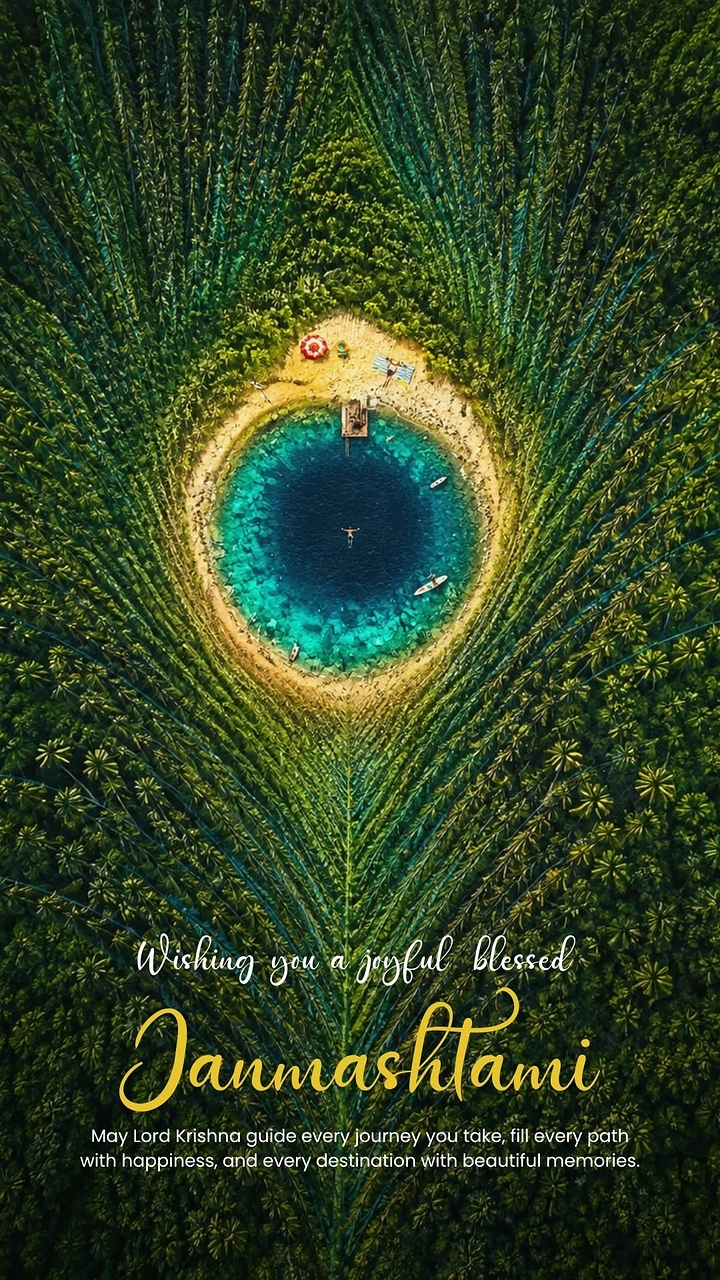 Janmashtami creative ad: Aerial palm-forest lagoon shaped like a peacock feather eye