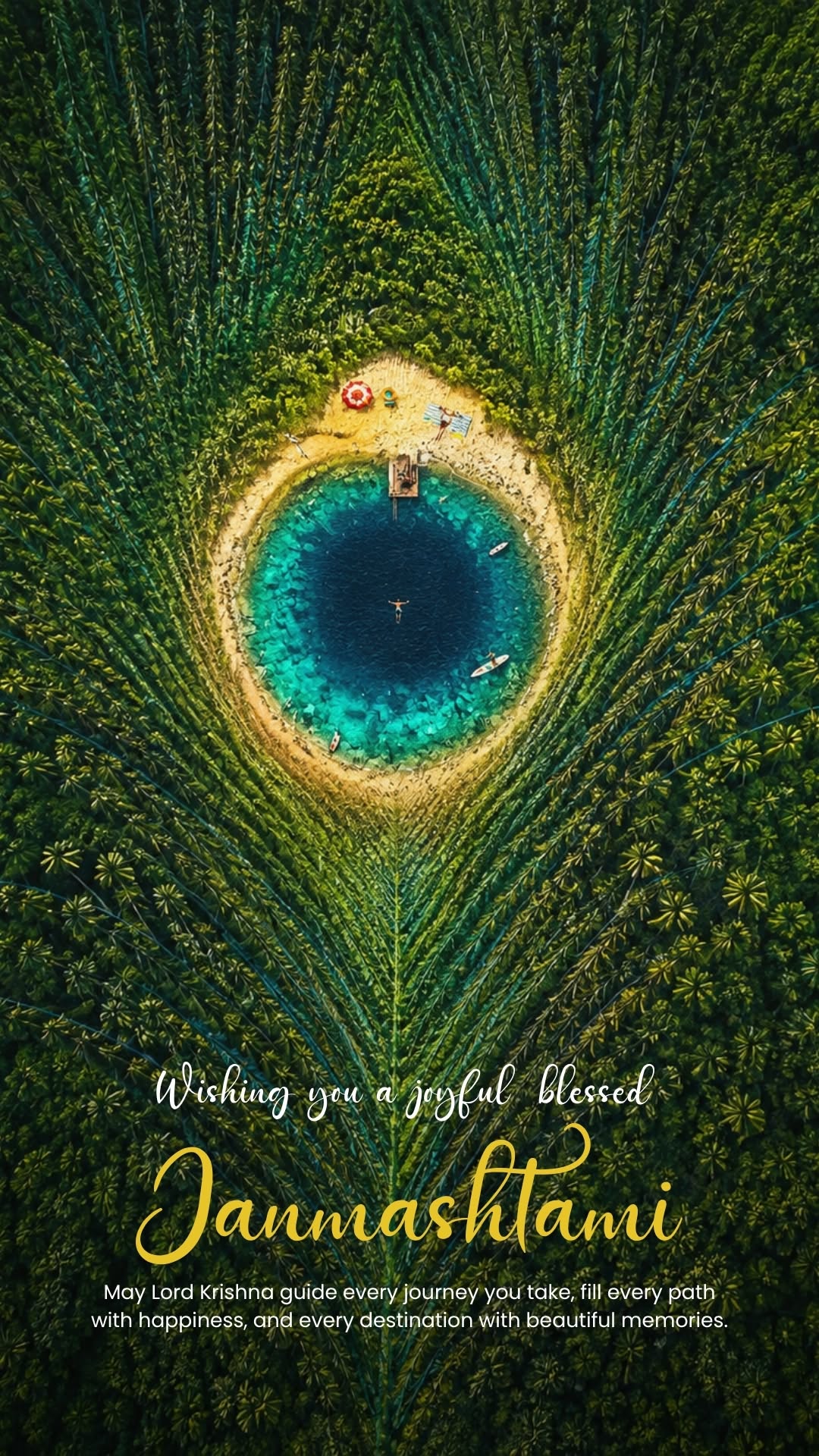 Aerial palm-forest lagoon shaped like a peacock feather eye