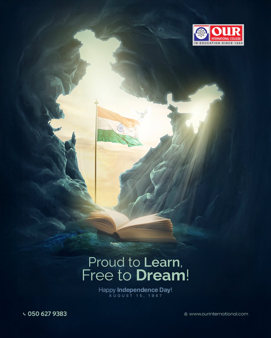 A cave opening shaped like India's map framing a flag above an open book