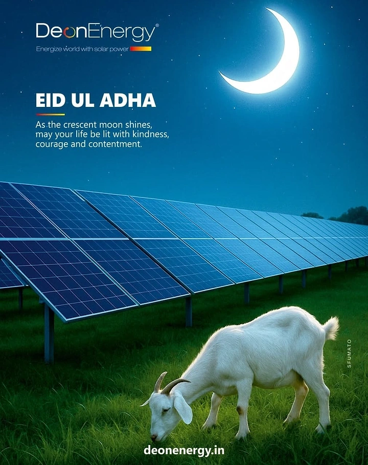 Eid creative ad: White goat grazing beside a solar panel array under a crescent moon
