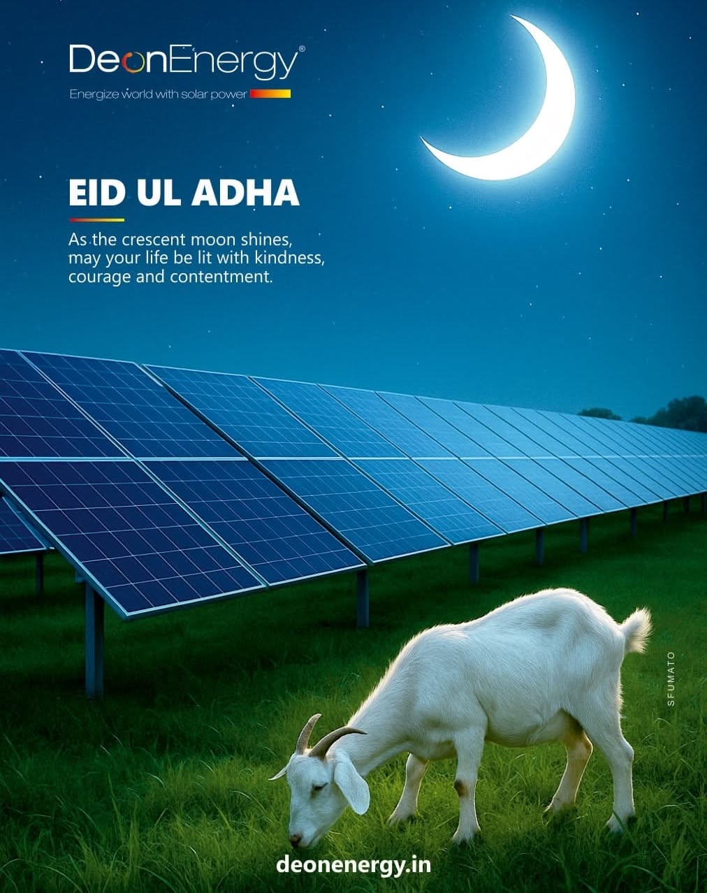 White goat grazing beside a solar panel array under a crescent moon
