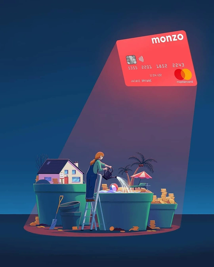 Finance & Banking creative ad: Woman on a ladder watering plant pots that grow a house, a beach and coins