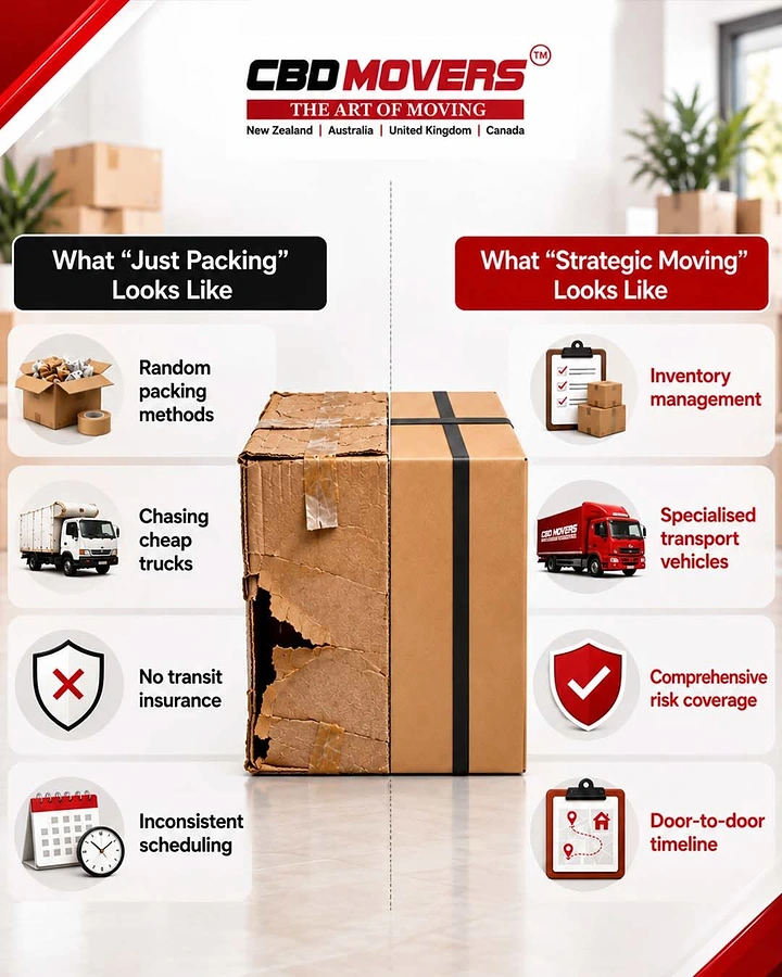 Movers & Packers creative ad: Half-damaged box contrasts packing vs strategy