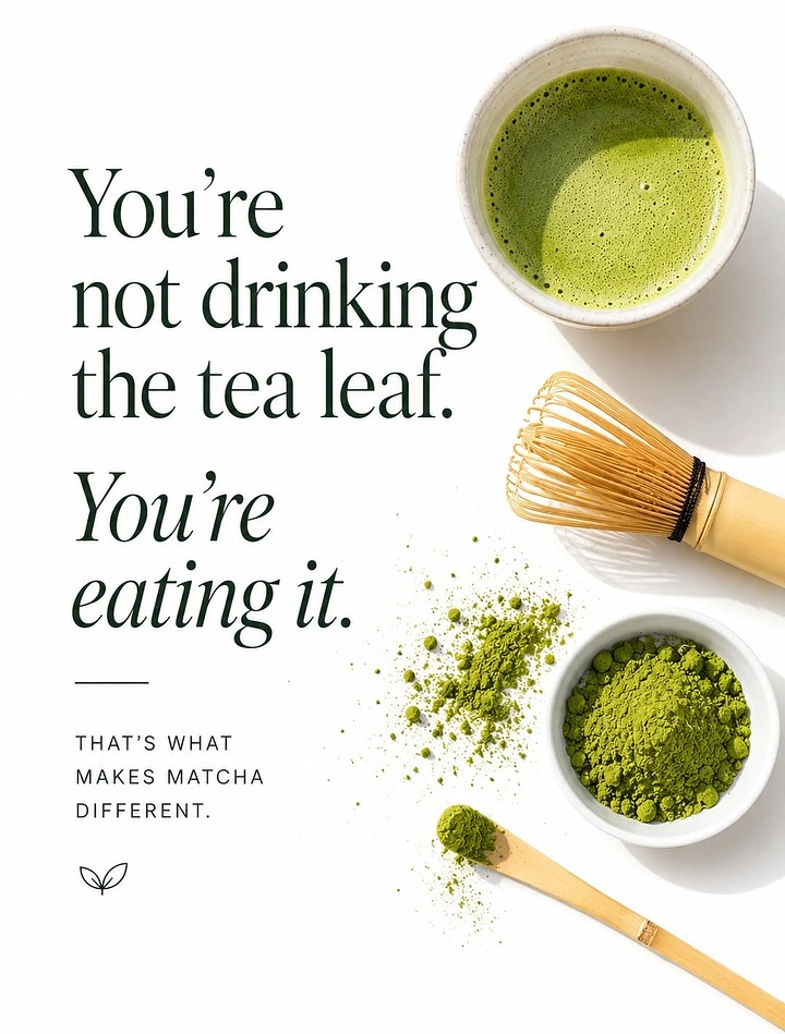 Tea & Chai Brands creative ad: Top-down matcha bowl, whisk, powder and scoop