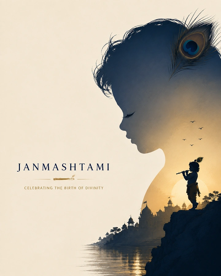Janmashtami creative ad: Double-exposure child profile silhouette containing child Krishna playing flute at sunset