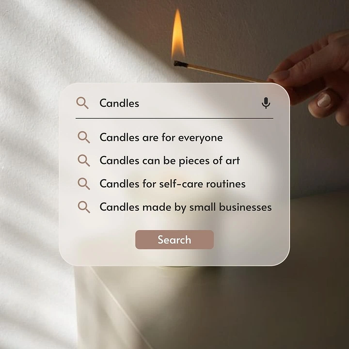 Candles & Home Fragrance creative ad: Search bar autocomplete as brand message