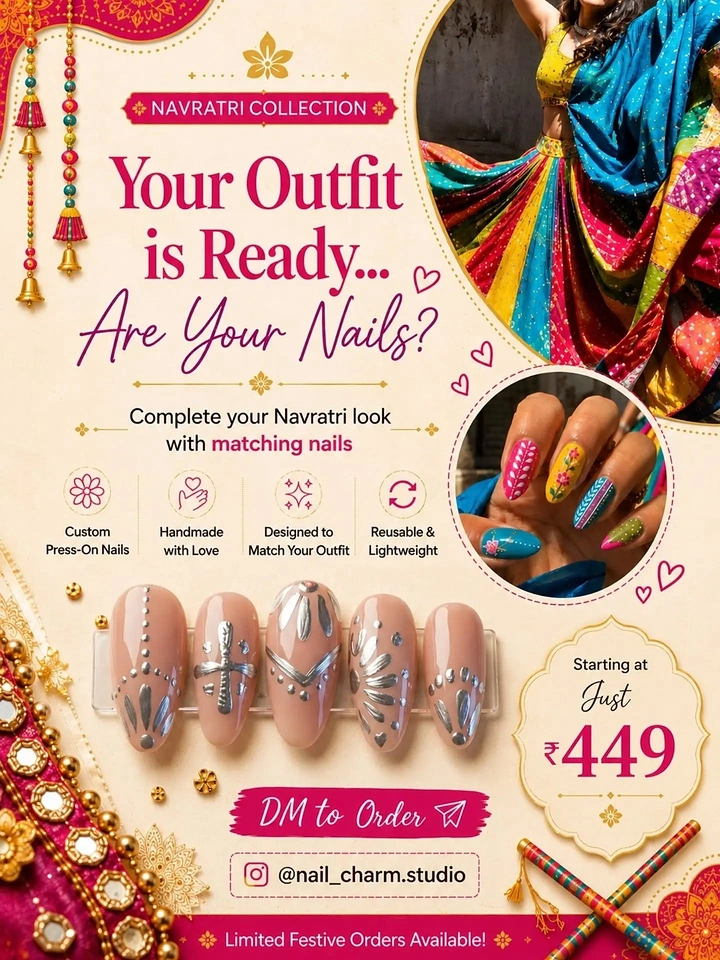 Navratri creative ad: Colourful Navratri outfits and embellished press-on nails