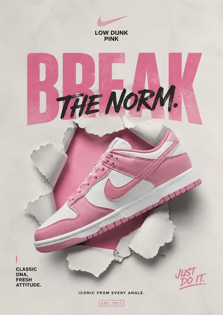 Creative ad: Pink and white low sneaker bursting through torn paper