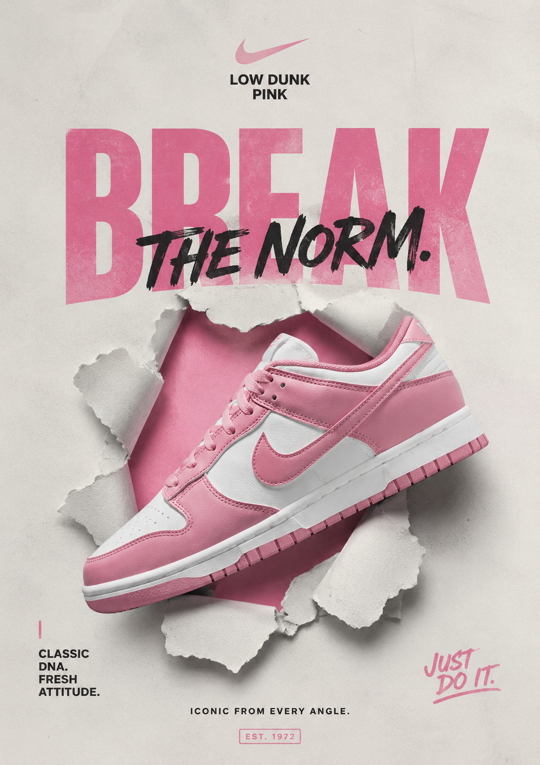 Poster: Pink and white low sneaker bursting through torn paper