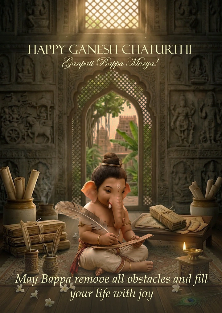 Ganesh Chaturthi creative ad: Cute 3D baby Ganesha writing with a quill in a temple
