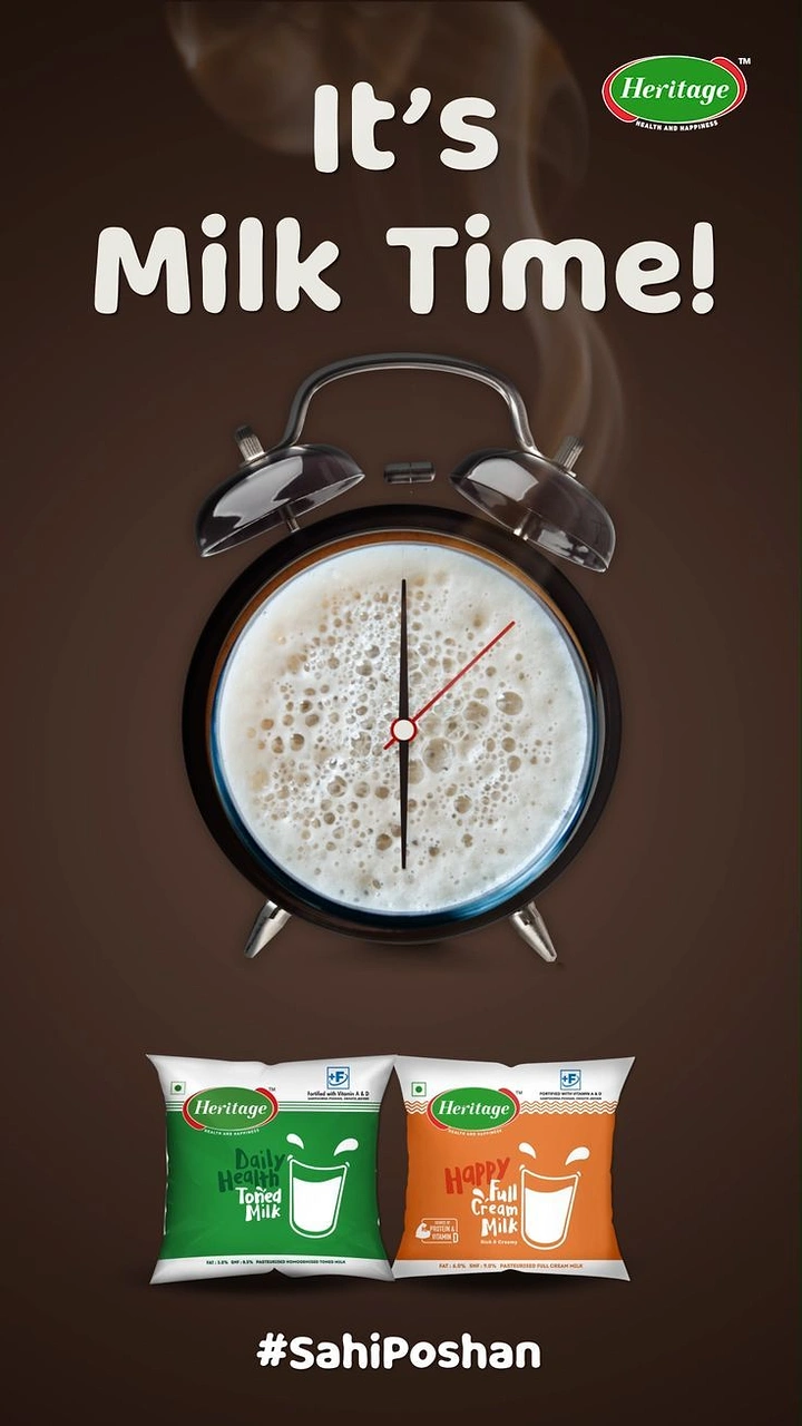 Dairy Brands creative ad: Milk-filled alarm clock face, Milk Time