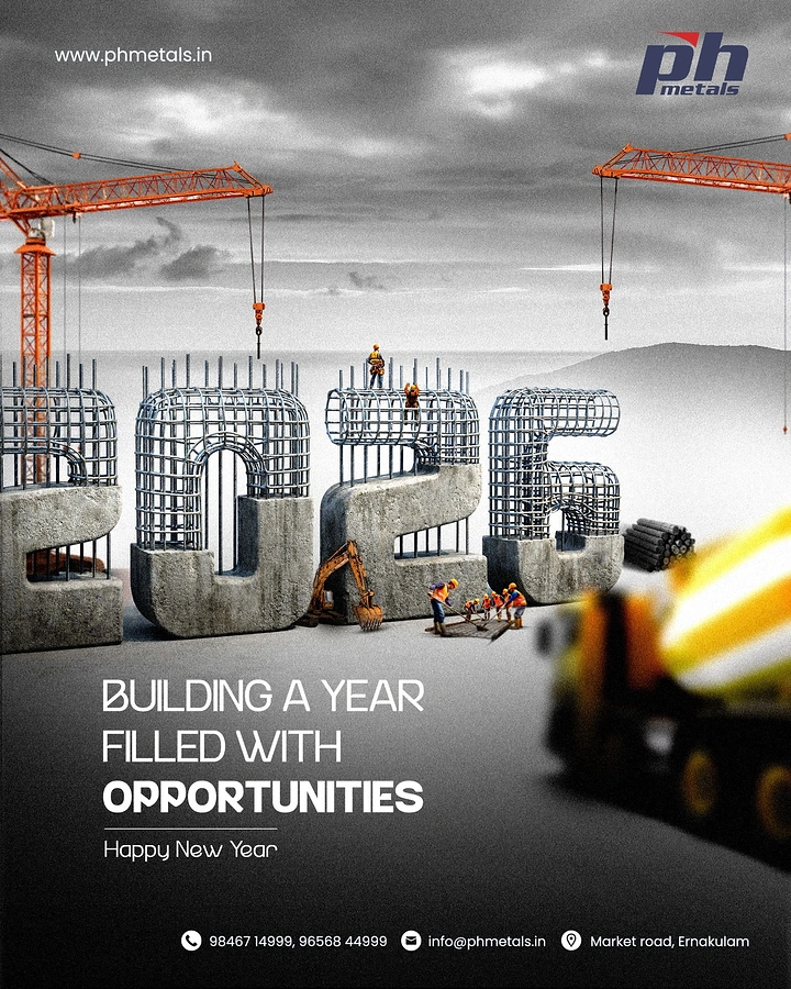 New Year creative ad: Year numerals built from concrete and steel rebar cages, with cranes and tiny workers