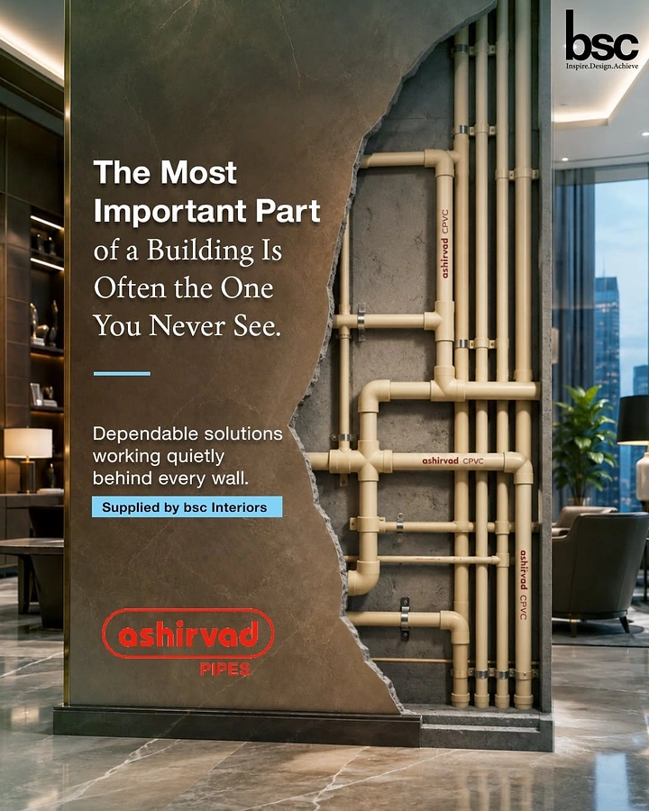 Plumbers creative ad: Luxury interior wall torn open to reveal CPVC pipes