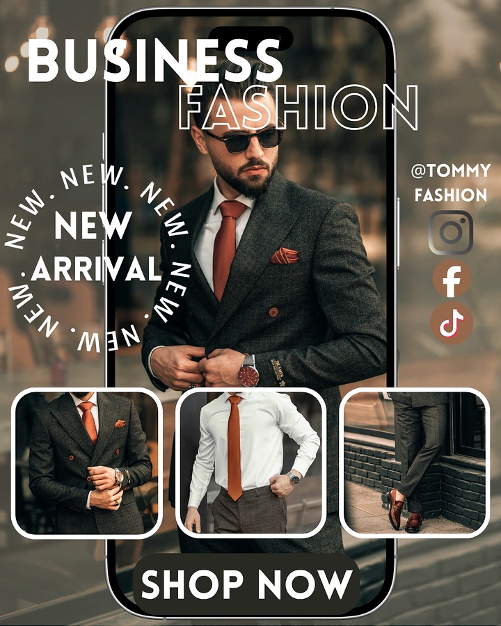 Men's Suits & Formal Wear creative ad: Circular new-arrival typography creates motion
