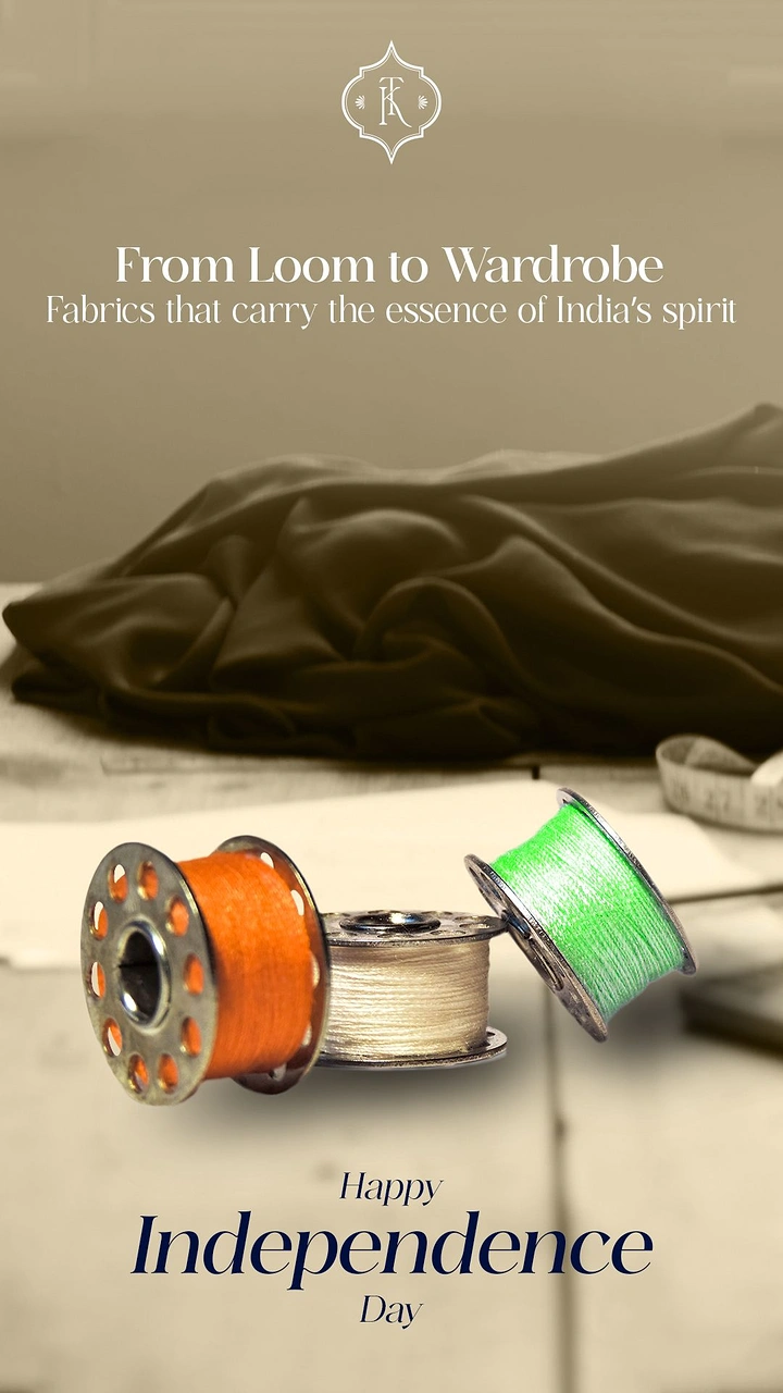 Independence Day creative ad: Saffron, white and green thread bobbins on a tailoring table