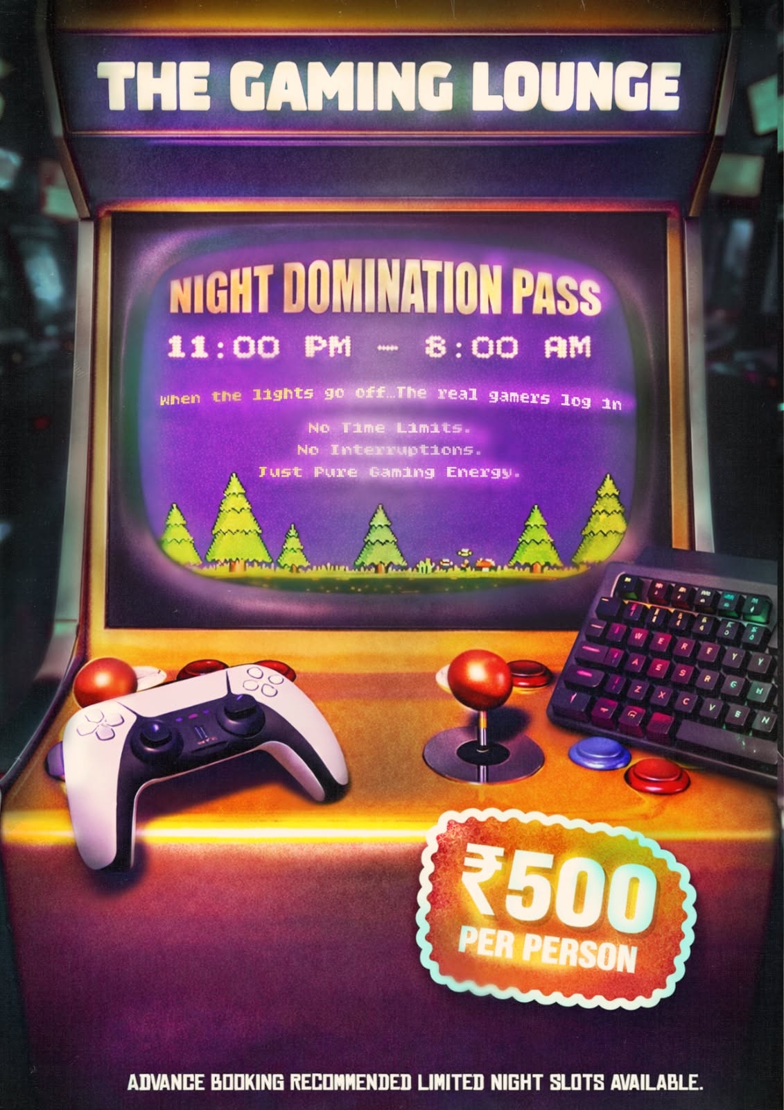 Story: Arcade cabinet screen as night pass offer