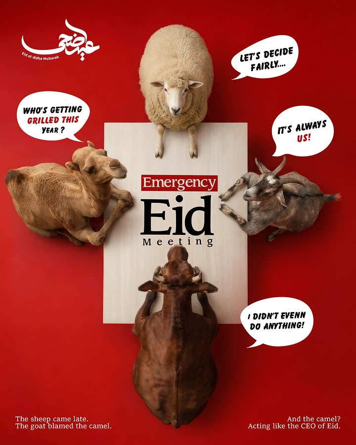 Eid creative ad: Sacrificial animals around a meeting table, seen from above