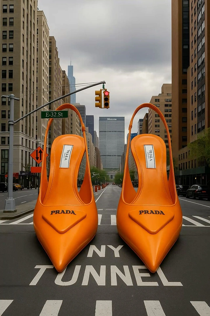Fashion creative ad: Giant orange slingback heels on a New York street