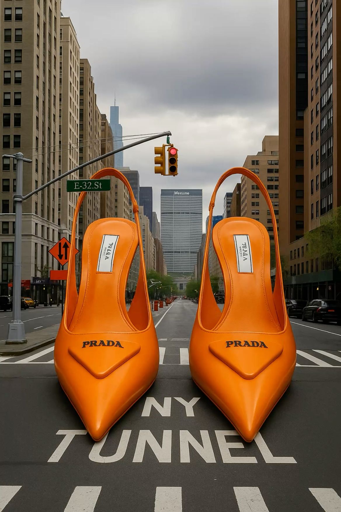Giant orange slingback heels on a New York street