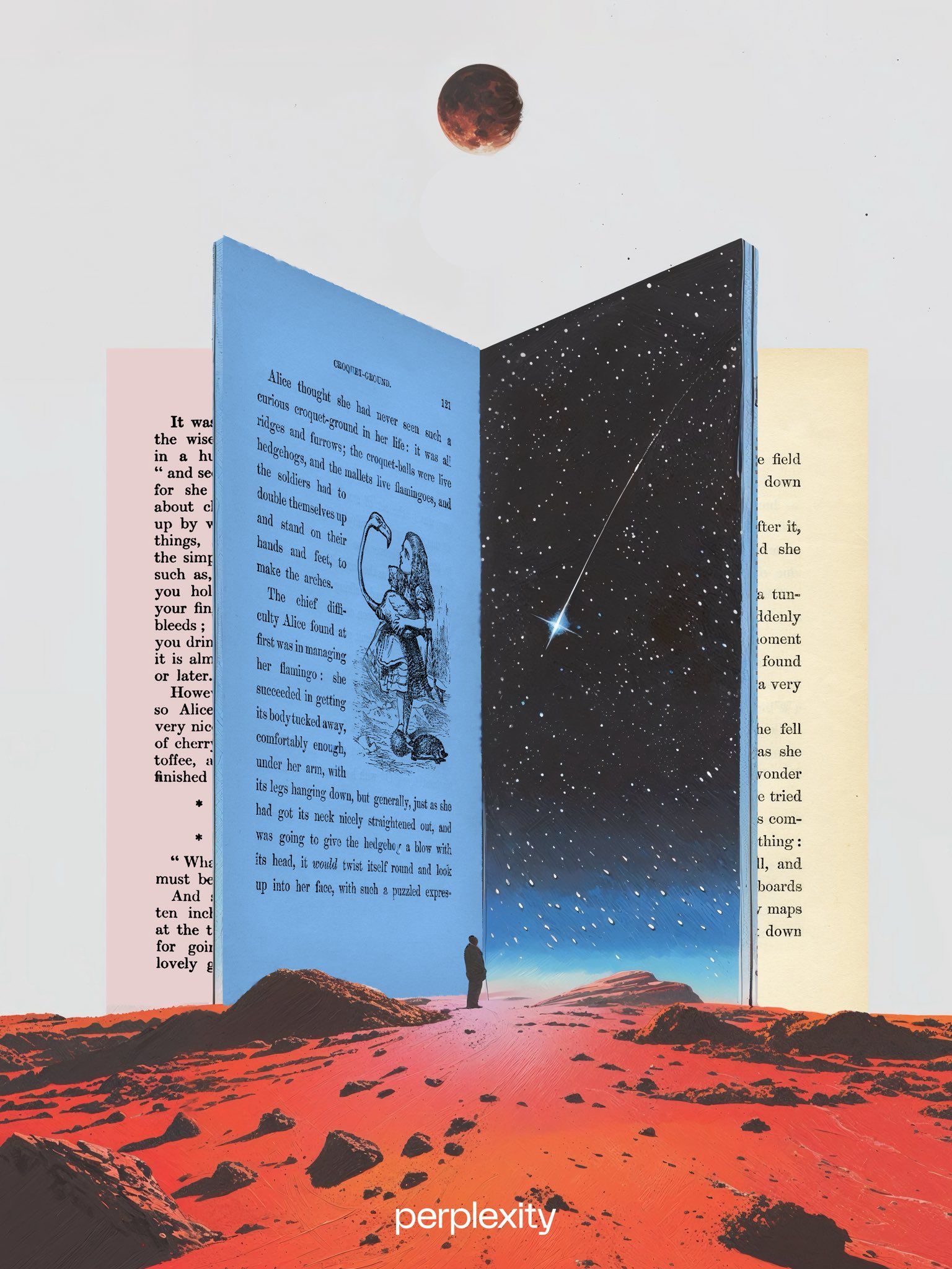 Giant open book turning into a starry sky above a red Martian landscape