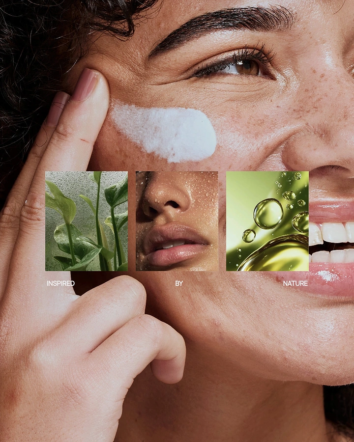 Creative ad: Extreme close-up of a smiling face with a cream swatch on the cheek, overlaid with three inset image tiles
