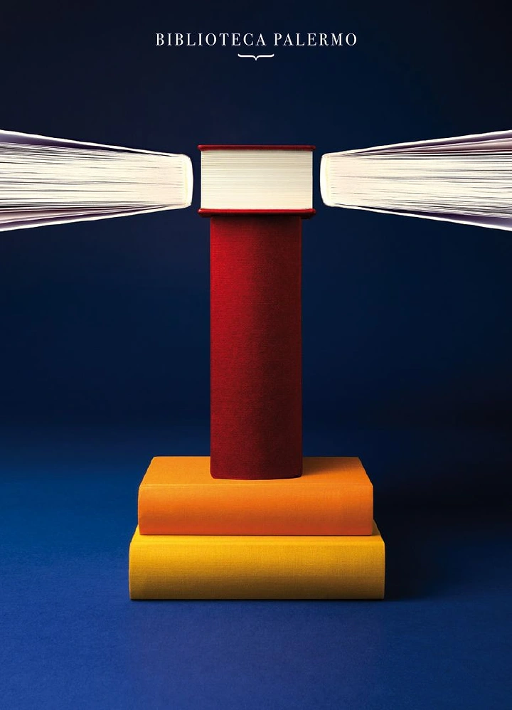 Bookstores creative ad: Stacked books become lighthouse beaming pages