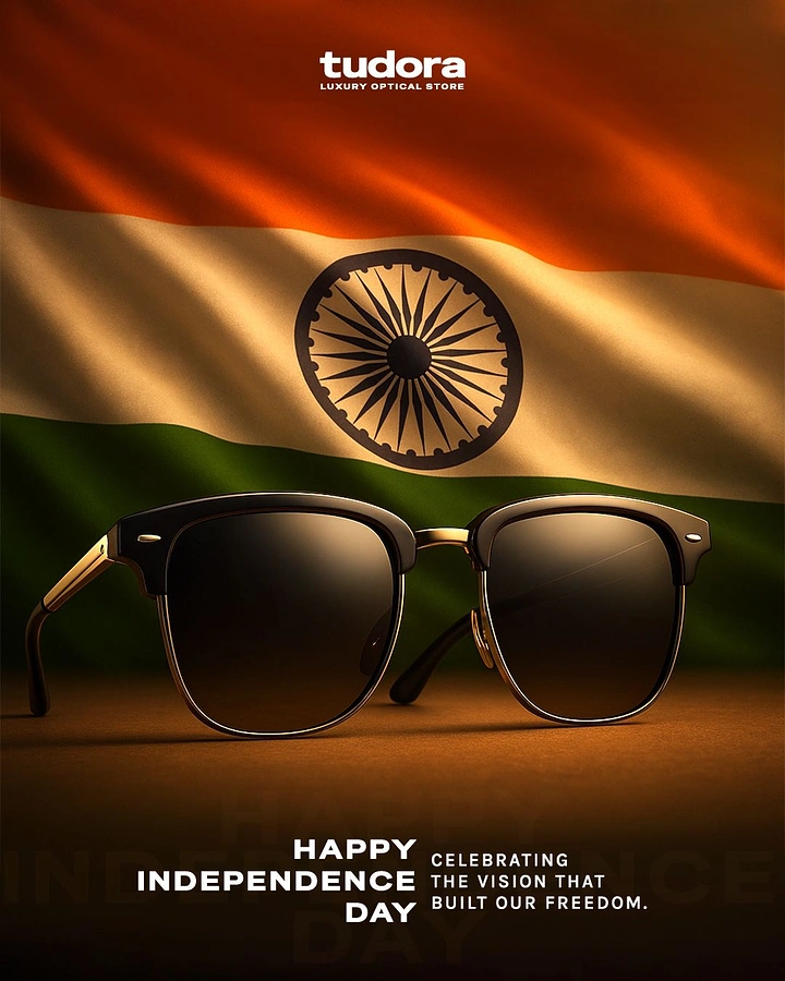 Independence Day creative ad: Browline sunglasses in front of a draped Indian flag