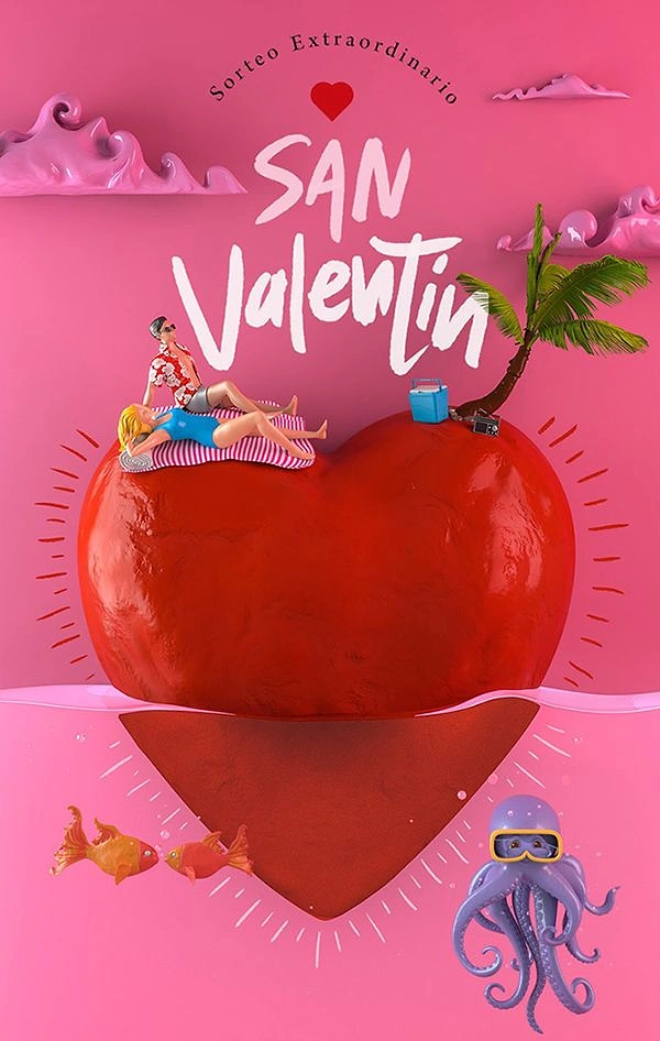 Valentine's Day creative ad: Giant glossy red heart floating as a tropical island with tiny figures