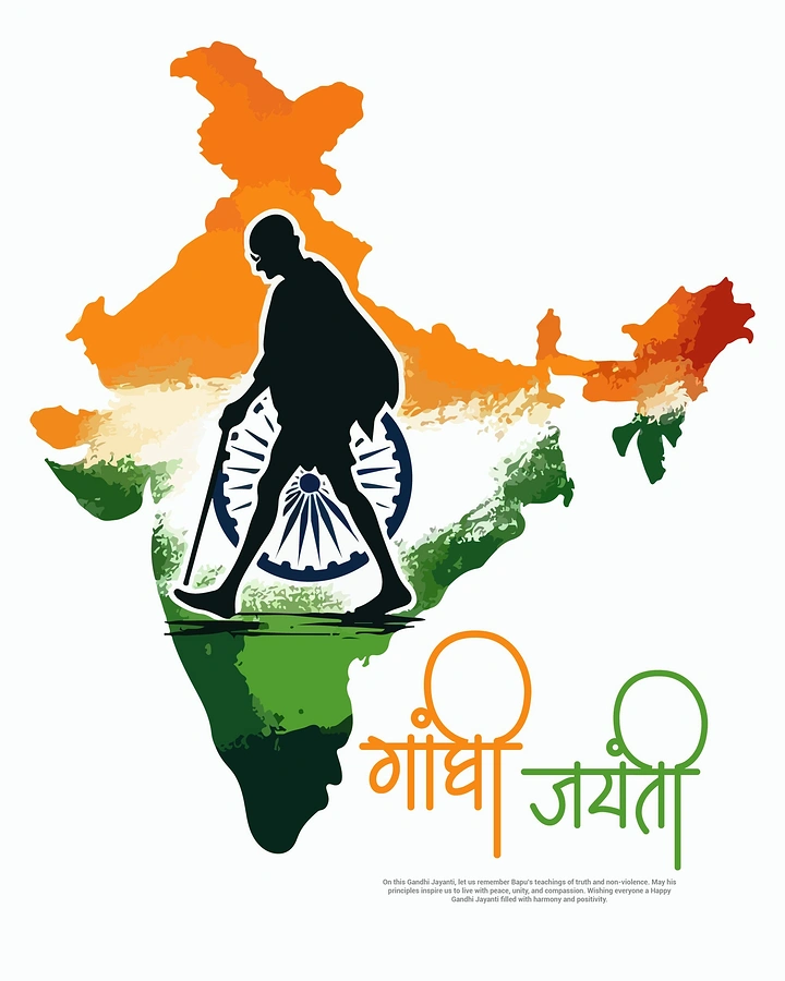 Gandhi Jayanti creative ad: Mahatma Gandhi walking across a stylized map of India