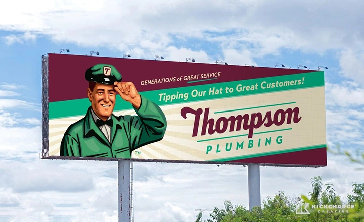 Plumbers creative ad: Retro plumber tipping hat to customers