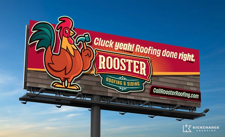 Roofing creative ad: Rooster mascot pun 'Cluck yeah' roofing