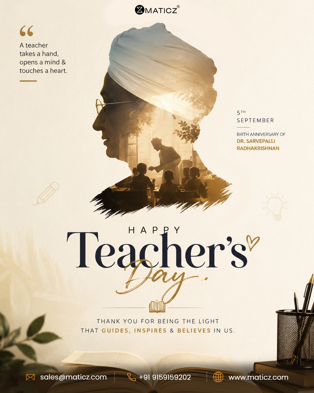 Teachers Day Instagram post: Double-exposure profile of Dr. Radhakrishnan filled with a sepia classroom scene
