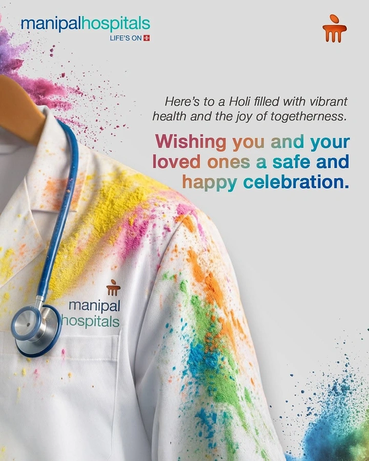 Holi creative ad: Doctor's white coat on a hanger splattered with Holi colours