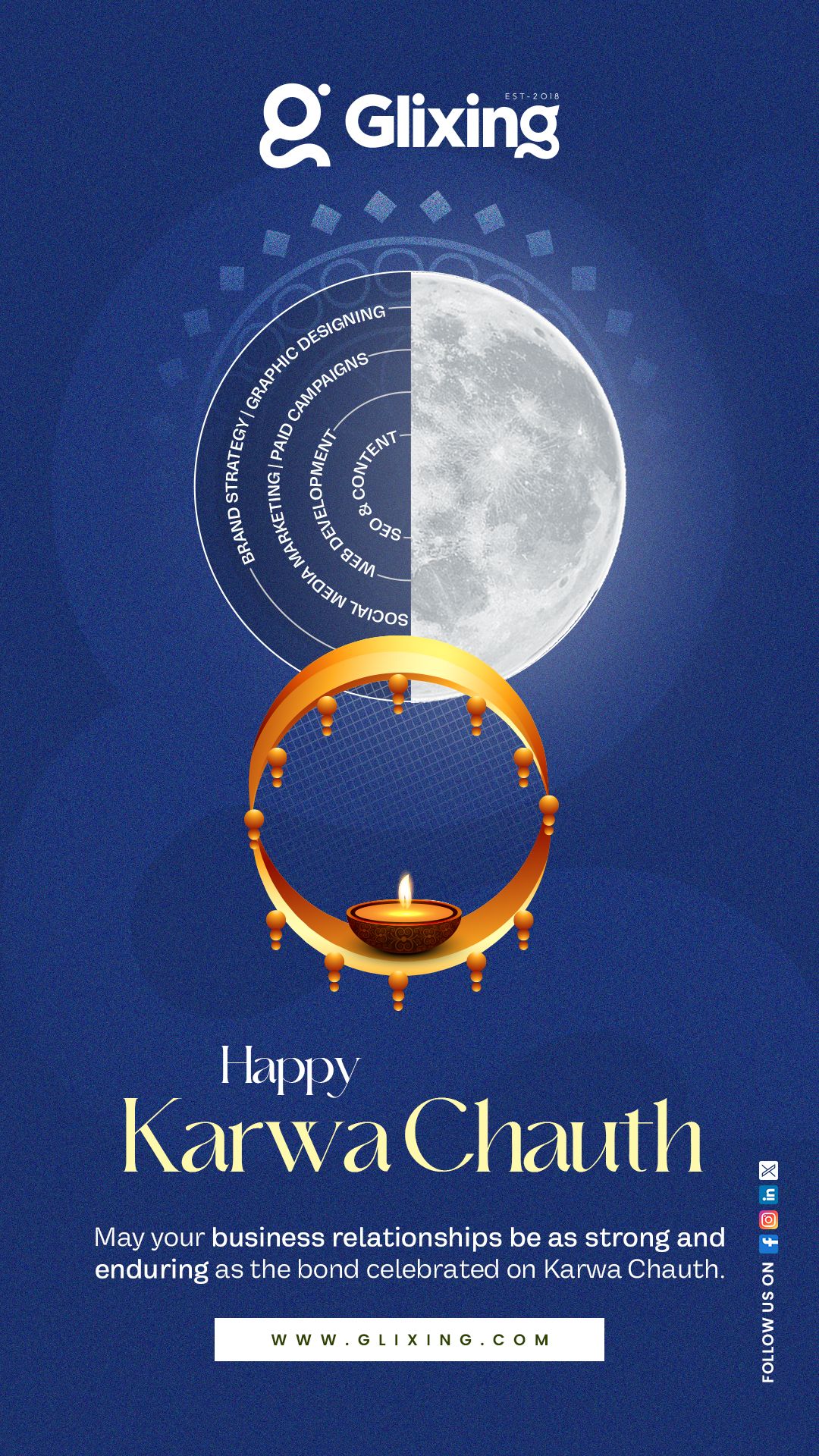 Half-moon half-infographic ring above a golden Karwa Chauth sieve holding a diya