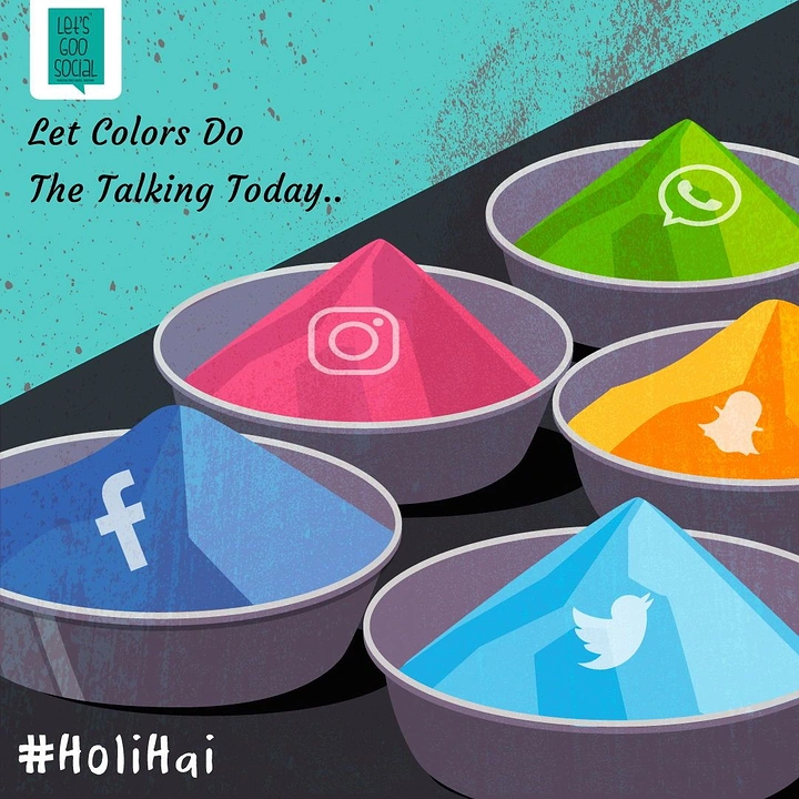 Holi creative ad: Bowls of coloured gulal each stamped with a social media logo