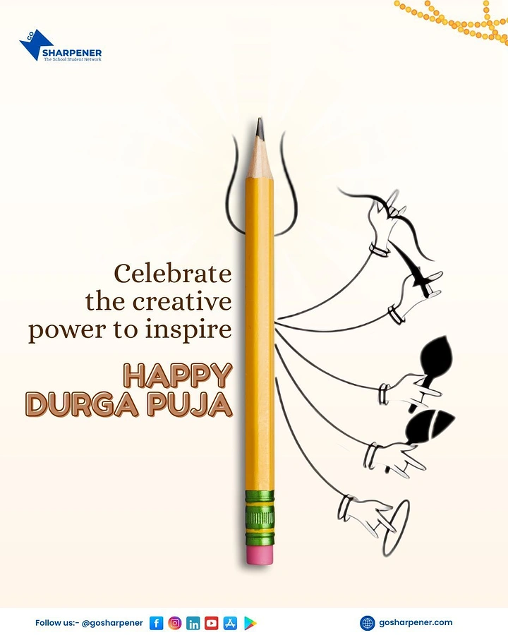 Durga Puja creative ad: Yellow pencil as goddess form with sketched multiple arms holding weapons