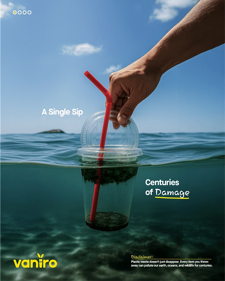 Creative ad: Hand holding a plastic cup with a red straw half-submerged in the sea