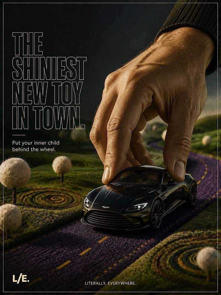 Car Rental creative ad: Giant hand pushing a black sports car like a toy on a felt road