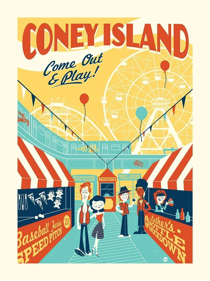 Amusement & Water Parks creative ad: Mid-century cartoon characters on a carnival boardwalk under a Ferris wheel