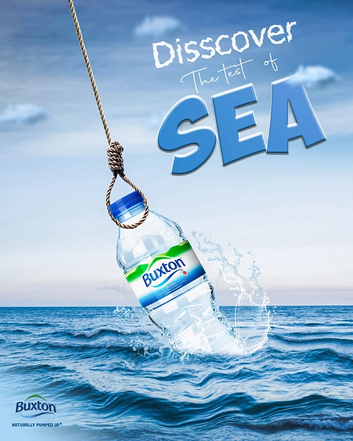 Packaged Drinking Water creative ad: Bottle emerging from sea supports discovery theme