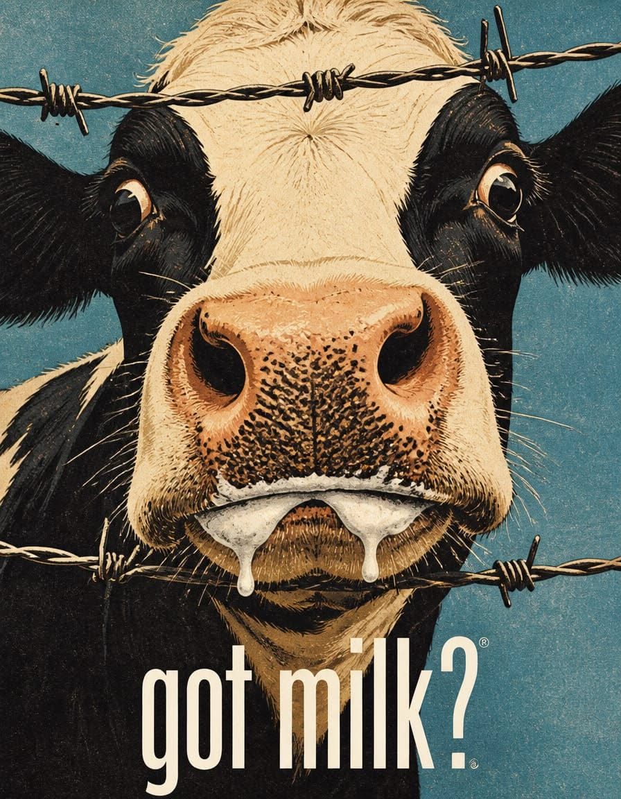 Instagram post: Barbed-wire cow milk mustache got milk