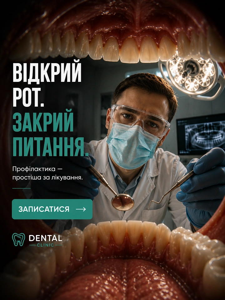 Dental creative ad: Dentist seen from inside a patient's open mouth, framed by upper and lower teeth