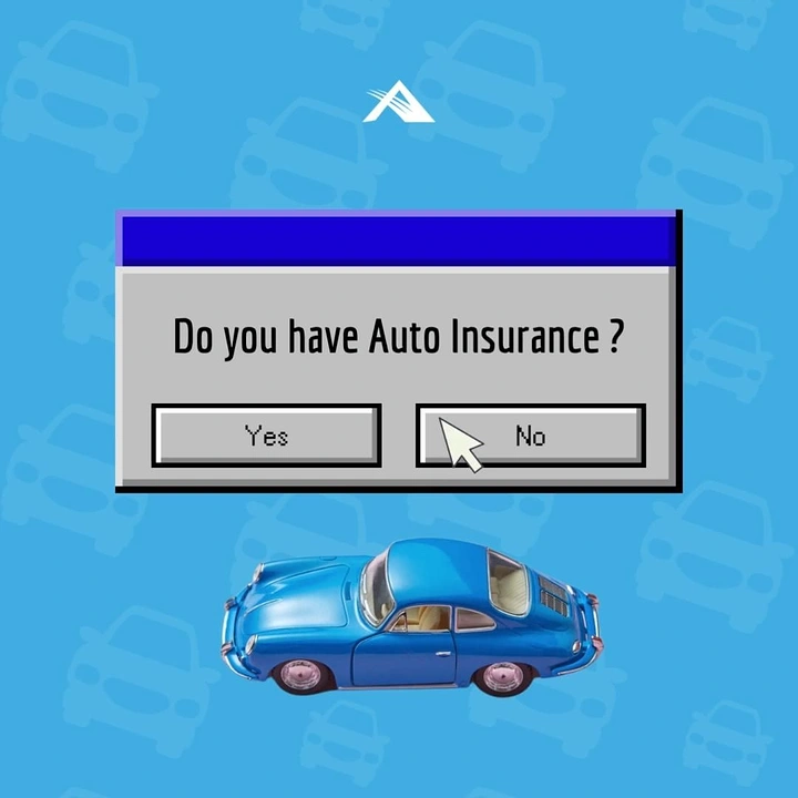 Insurance creative ad: Retro Windows-style dialog asking about insurance above a toy blue classic car