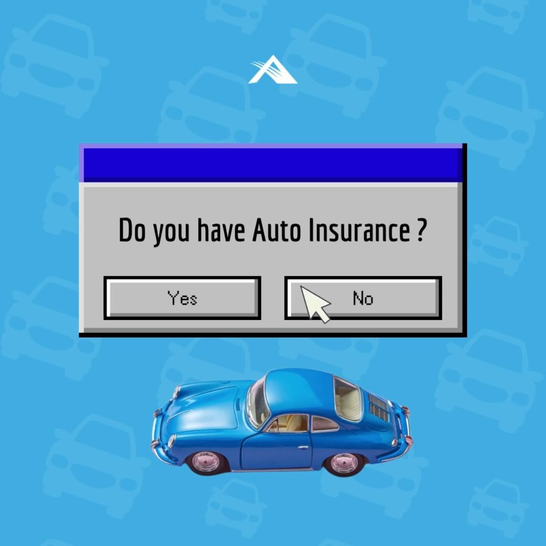 Retro Windows-style dialog asking about insurance above a toy blue classic car