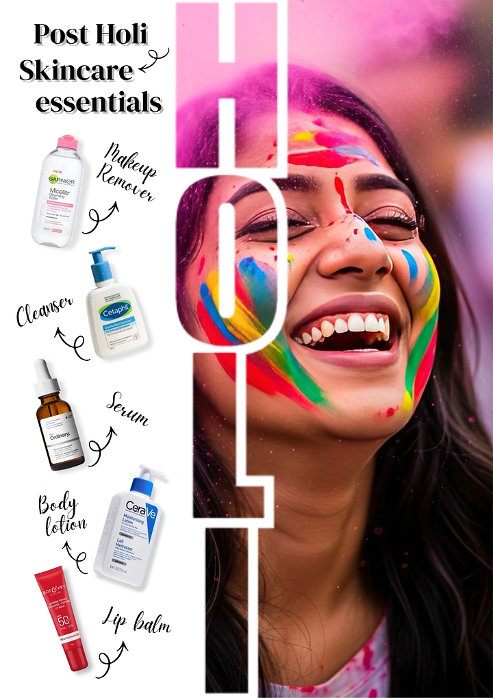 Holi creative ad: Laughing woman with rainbow gulal streaks, with a checklist of skincare products