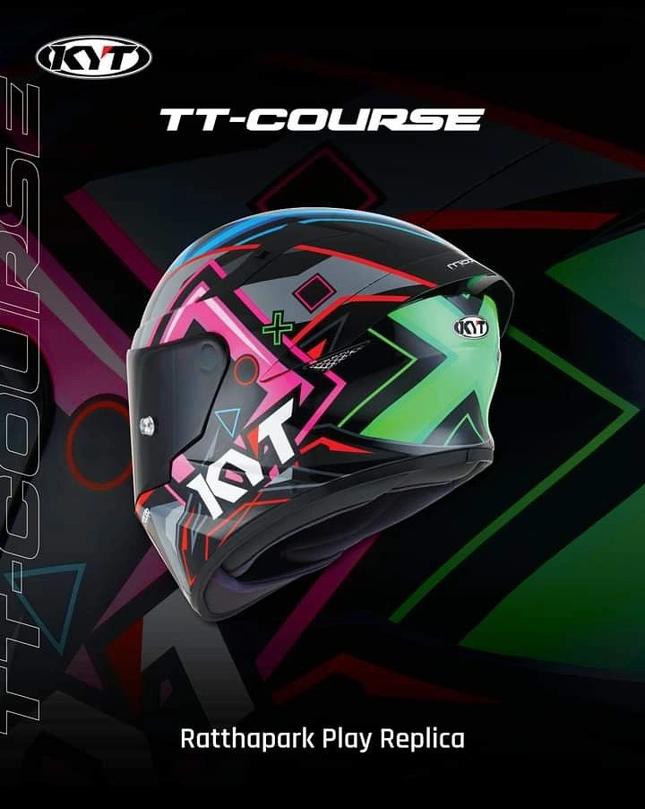 Helmets & Riding Gear creative ad: Pink, green and black racing helmet in side view
