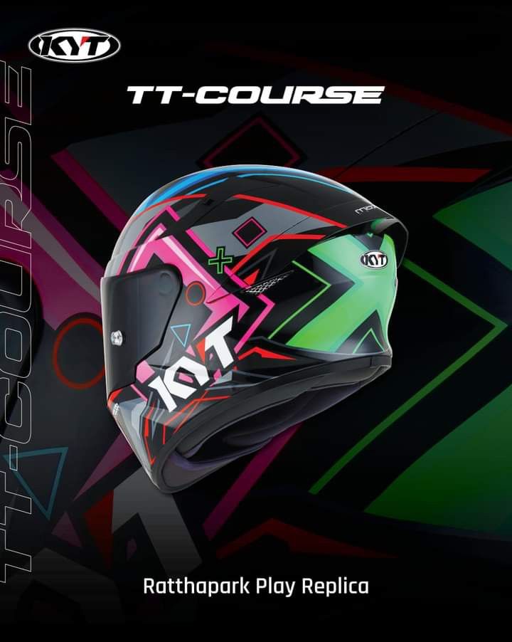 Instagram post: Pink, green and black racing helmet in side view