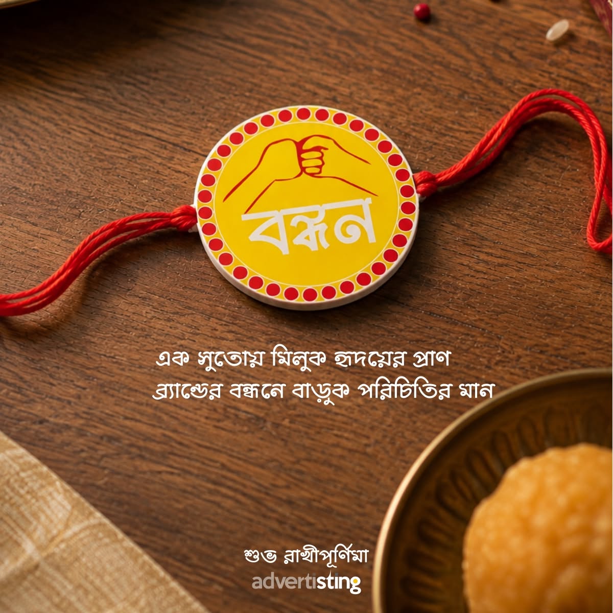 Round yellow rakhi with bumping fists and Bengali word on a wooden table